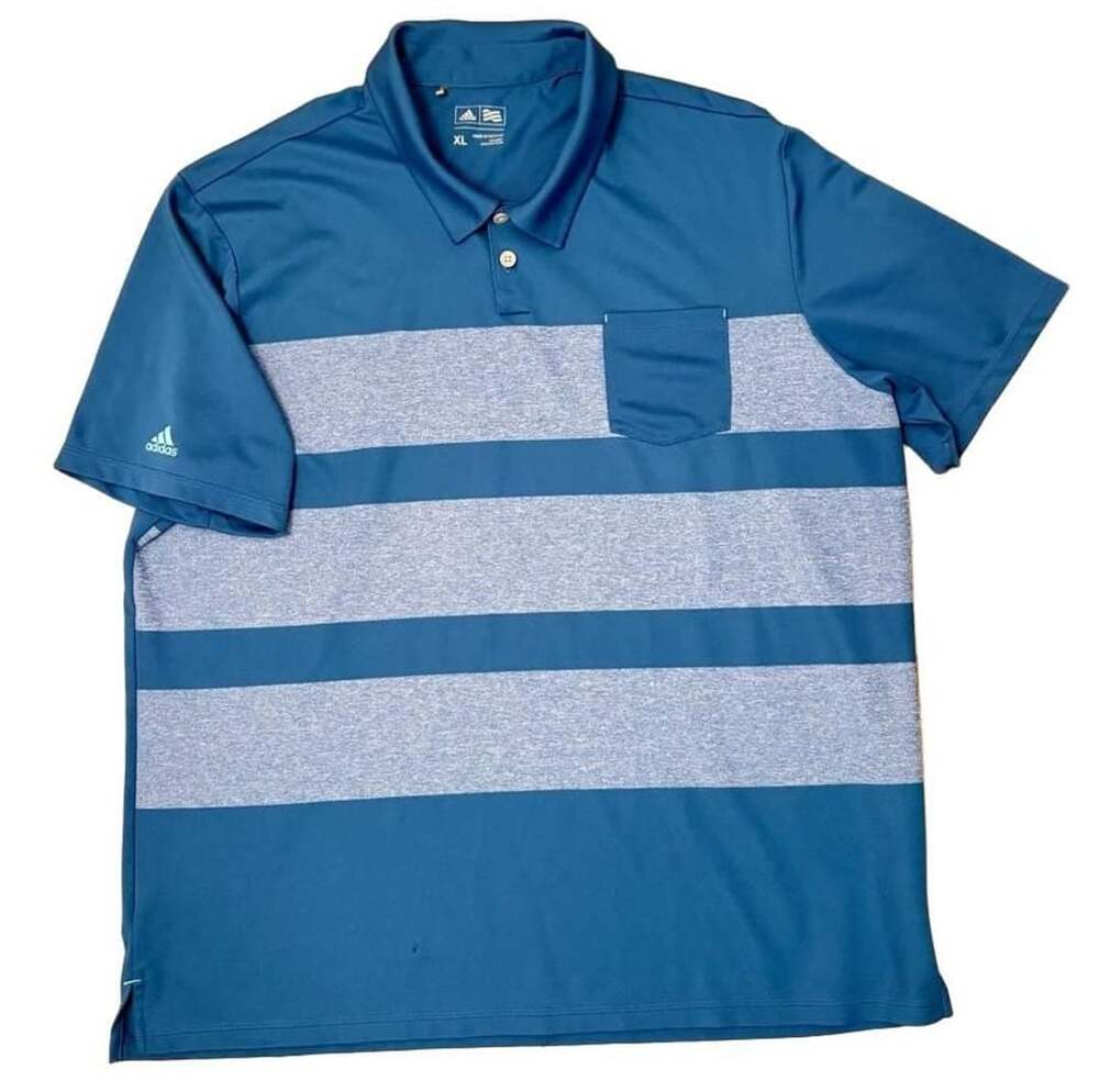 adidas Golf Polo Men’s XL Blue Gray Striped Performance Shirt Pocket